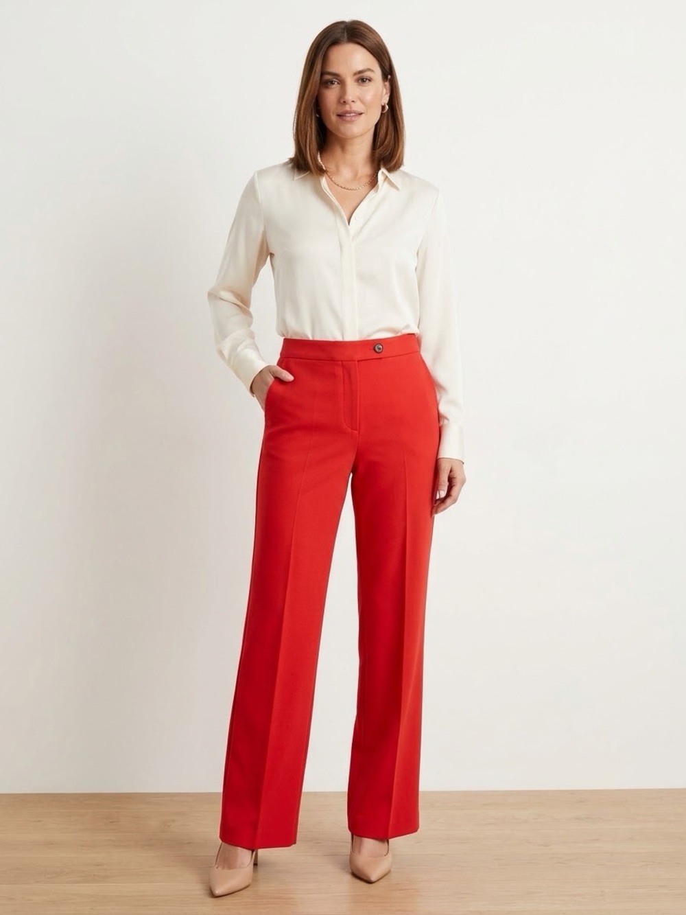 Ann Taylor Women's 8 Red Solid Wide Leg Dress Pants Flat Front Trouser M